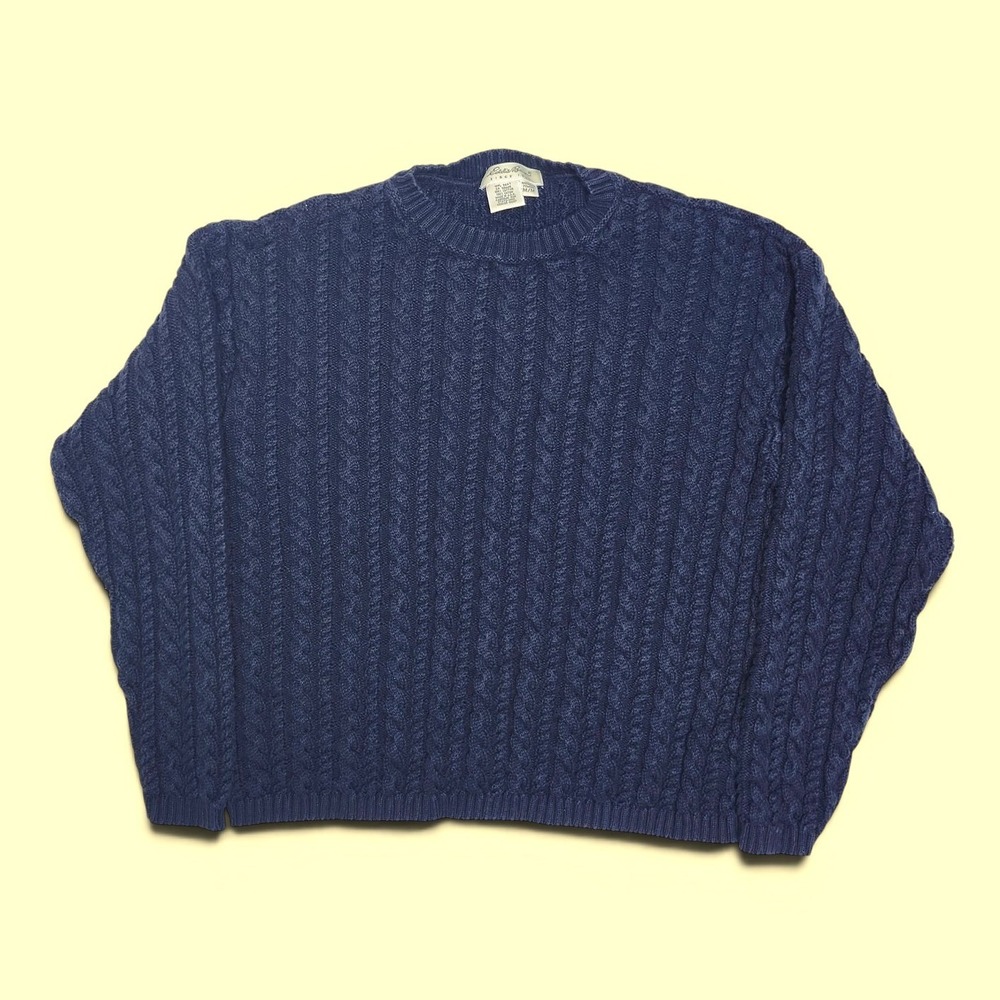 Vintage Eddie Bauer Cable Knit Chunky Sweater Navy Cotton M 90s Coastal Grandma